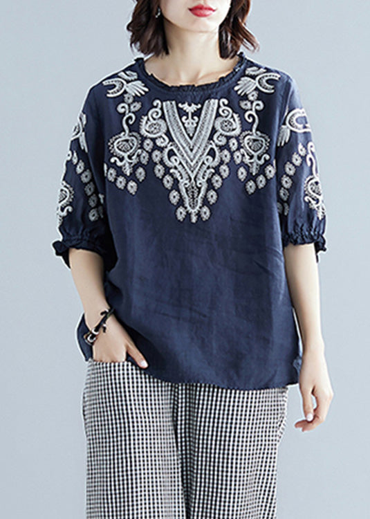 Blue O-Neck Cotton Top Short Sleeve AC2067