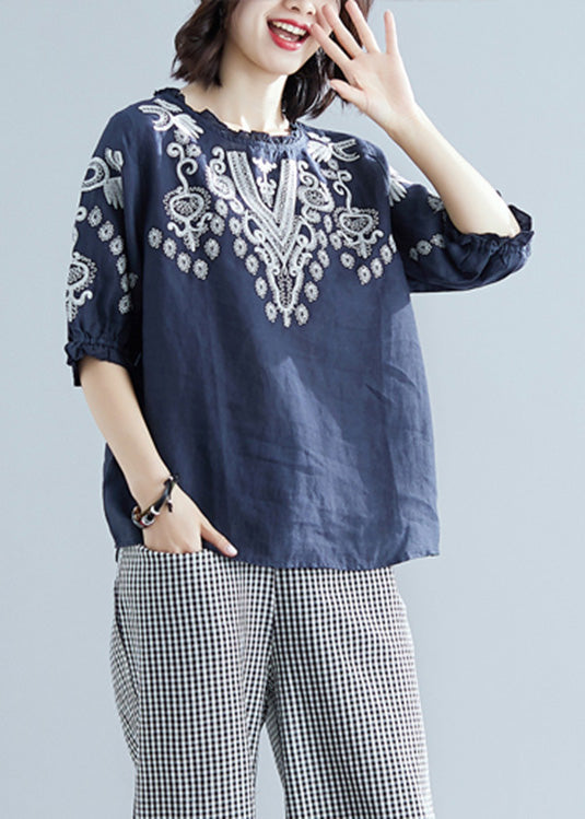 Blue O-Neck Cotton Top Short Sleeve LY0643