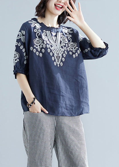 Blue O-Neck Cotton Top Short Sleeve AC2067