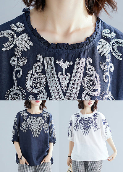 Blue O-Neck Cotton Top Short Sleeve LY0643