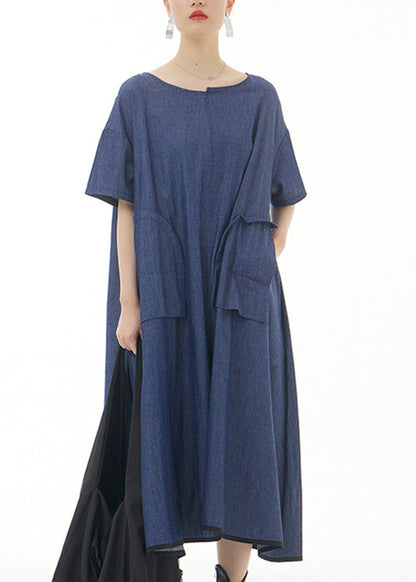 Blue O-Neck Solid Cotton Maxi Dress Short Sleeve LY1197