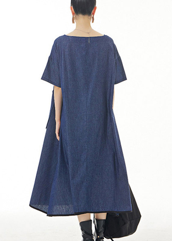 Blue O-Neck Solid Cotton Maxi Dress Short Sleeve LY1197