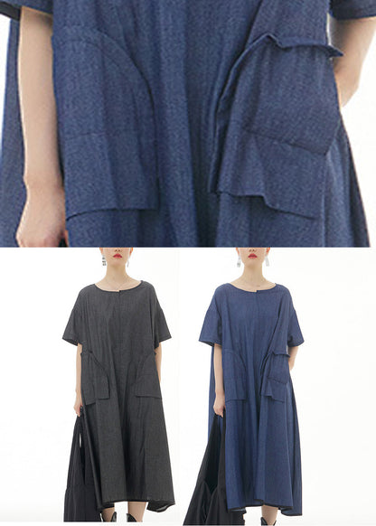 Blue O-Neck Solid Cotton Maxi Dress Short Sleeve LY1197