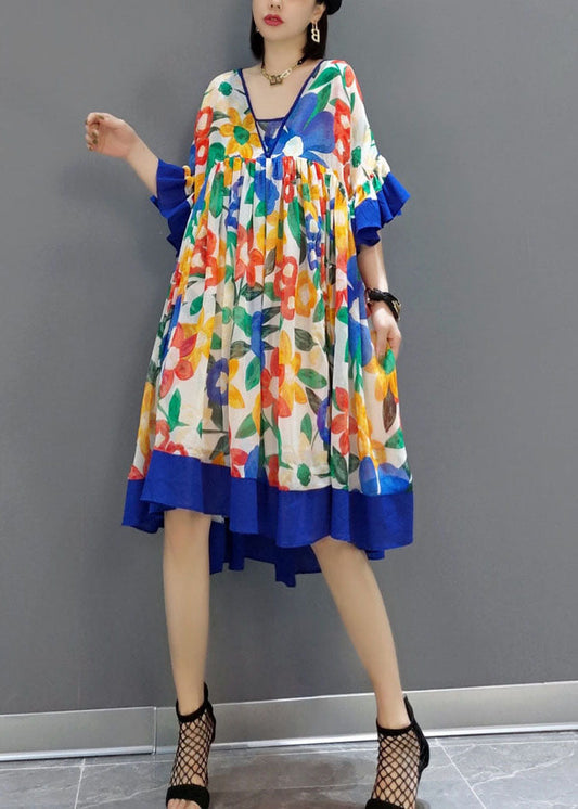 Blue Patchwork Chiffon A Line Dress V Neck Flare Sleeve LY1596