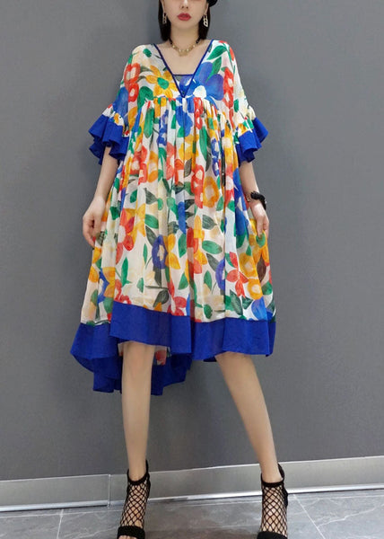 Blue Patchwork Chiffon A Line Dress V Neck Flare Sleeve LY1596