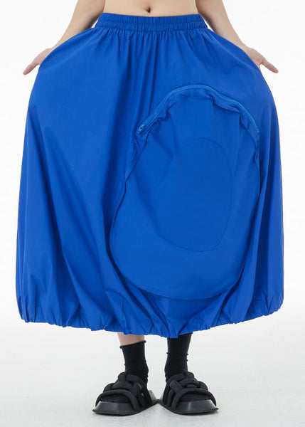 Jupe trapèze en coton patchwork bleu, fermeture éclair et poches, été LC0129