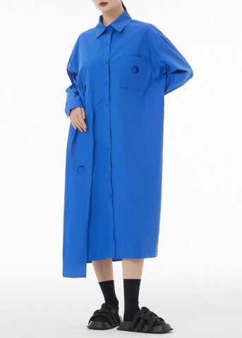 Blue Patchwork Cotton Shirt Dress Peter Pan Collar Button Spring LC0140