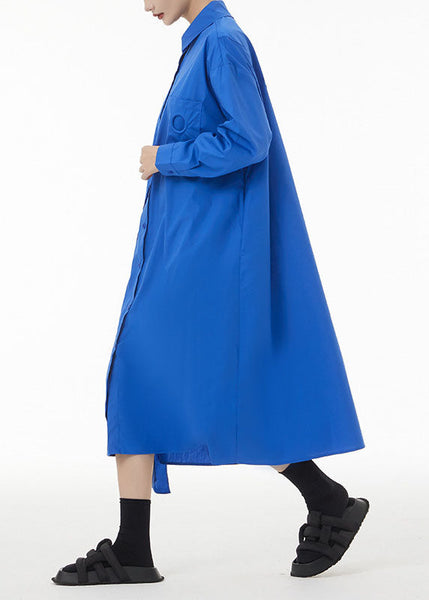 Blue Patchwork Cotton Shirt Dress Peter Pan Collar Button Spring LC0140