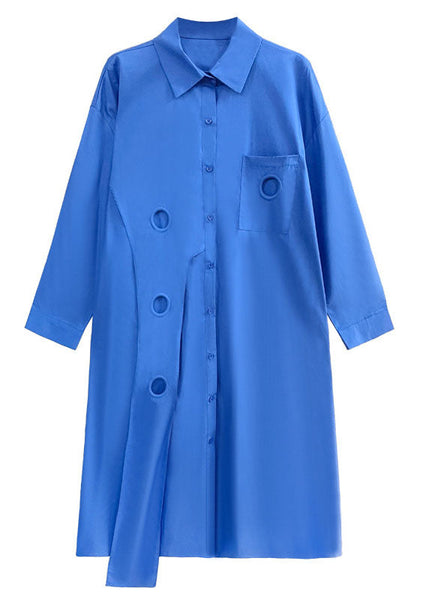 Blue Patchwork Cotton Shirt Dress Peter Pan Collar Button Spring LC0140