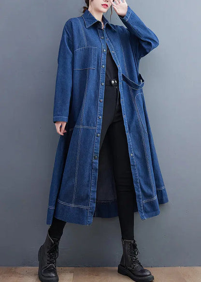 Blue Patchwork Denim Long Trench Coat Peter Pan Collar Long Sleeve Ada Fashion