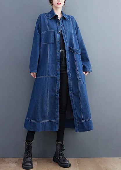 Blue Patchwork Denim Long Trench Coat Peter Pan Collar Long Sleeve Ada Fashion