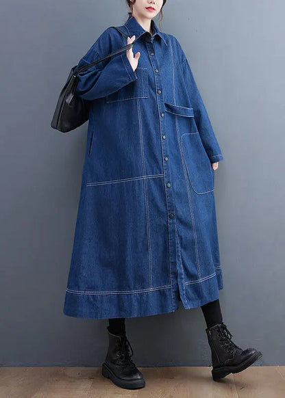 Blue Patchwork Denim Long Trench Coat Peter Pan Collar Long Sleeve Ada Fashion