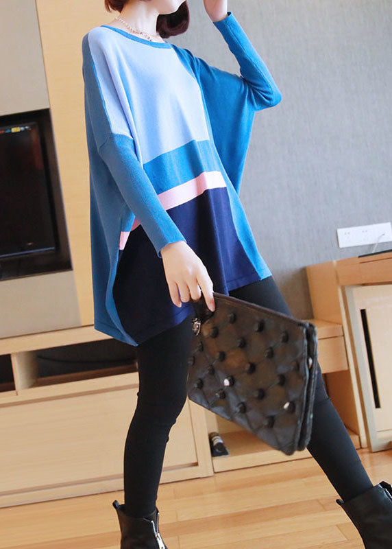 Blue Patchwork Knit Top Oversized O-Neck Spring LY1452