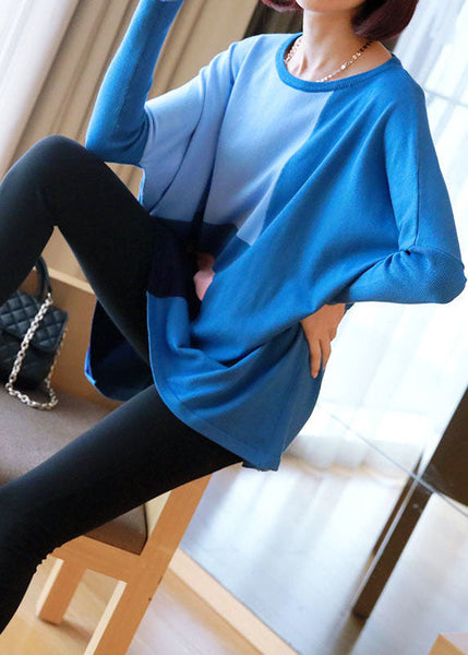 Blue Patchwork Knit Top Oversized O-Neck Spring LY1452