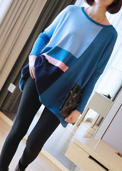 Blue Patchwork Knit Top Oversized O-Neck Spring LY1452