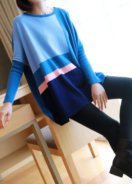 Blue Patchwork Knit Top Oversized O-Neck Spring LY1452