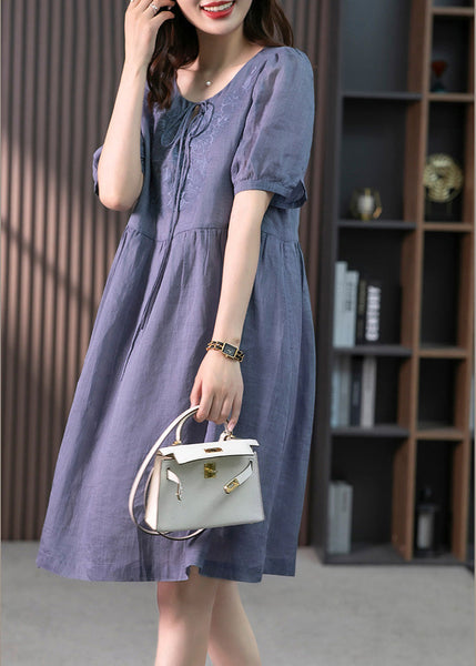 Blue Patchwork Neck Tie Linen Maxi Dresses Short Sleeve LY1754
