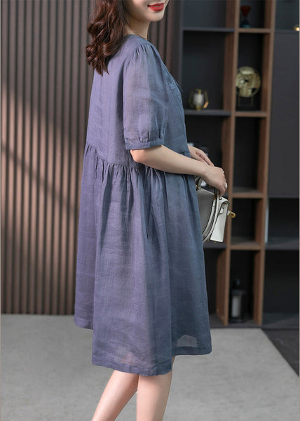 Blue Patchwork Neck Tie Linen Maxi Dresses Short Sleeve LY1754