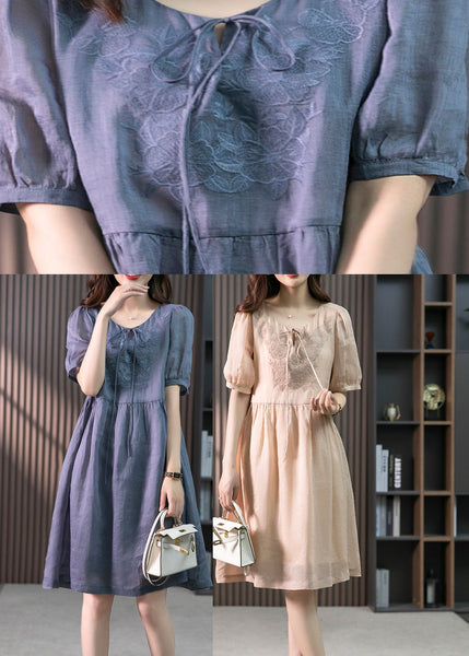 Blue Patchwork Neck Tie Linen Maxi Dresses Short Sleeve LY1754