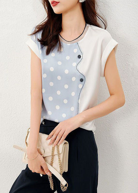 Blue Patchwork Print Dot Silk T Shirt O Neck Summer LY0085