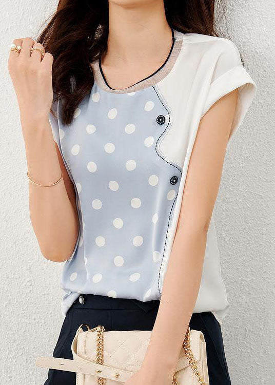 Blue Patchwork Print Dot Silk T Shirt O Neck Summer LY0085