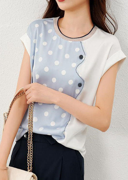 Blue Patchwork Print Dot Silk T Shirt O Neck Summer LY0085