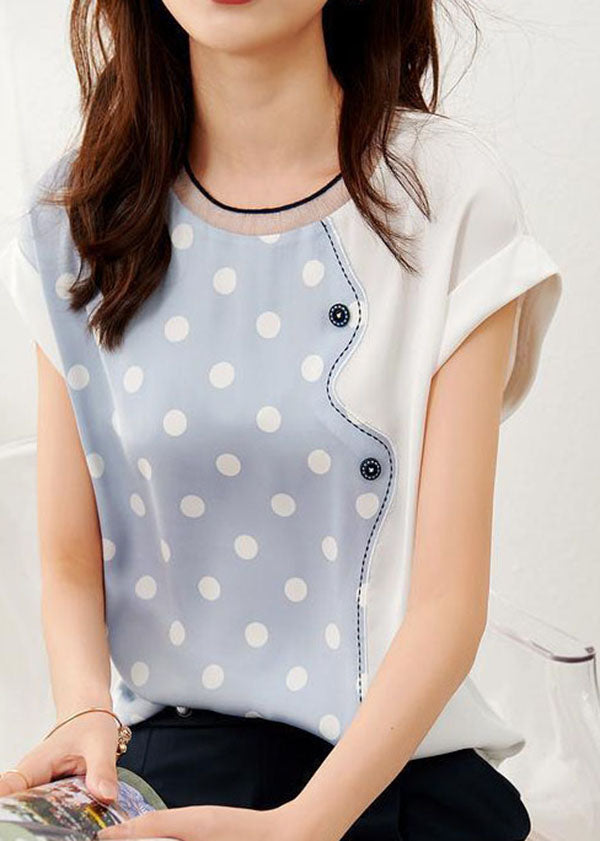 Blue Patchwork Print Dot Silk T Shirt O Neck Summer LY0085