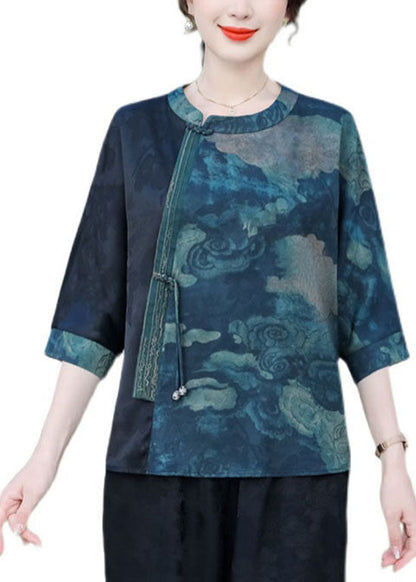 Blue Patchwork Silk T Shirt Top O Neck Tasseled Summer LC0276