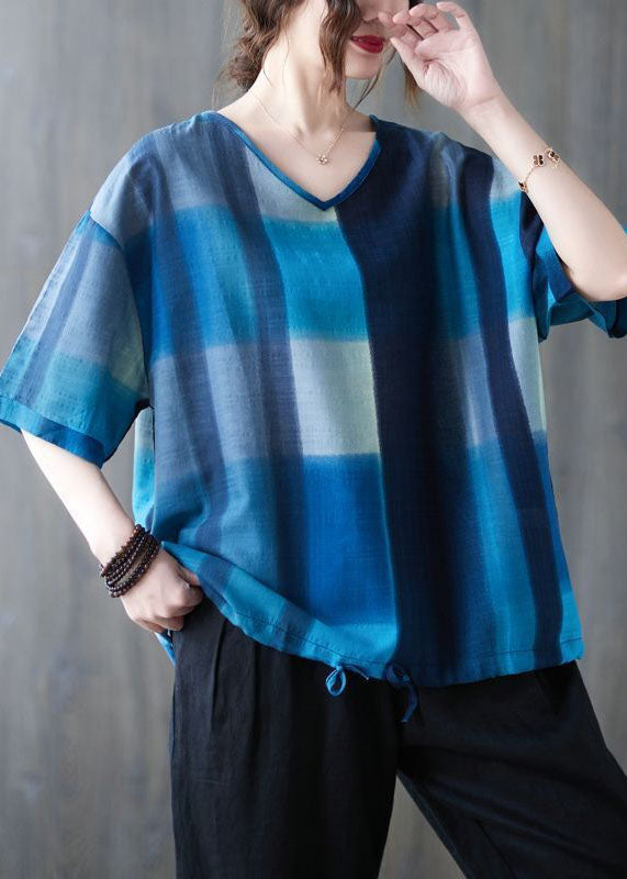 Blue Plaid Linen Tanks V Neck Drawstring Summer FR2009