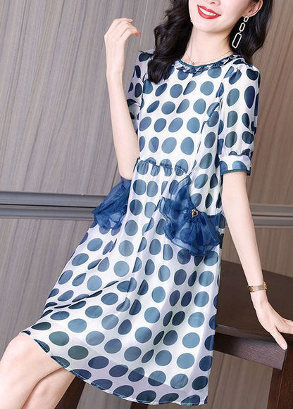 Blue Print Chiffon Holiday Dresses O-Neck Slim Fit Summer FR2021