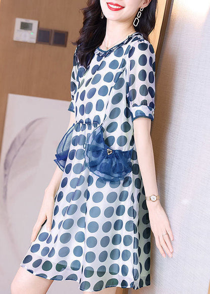 Blue Print Chiffon Holiday Dresses O-Neck Slim Fit Summer FR2021