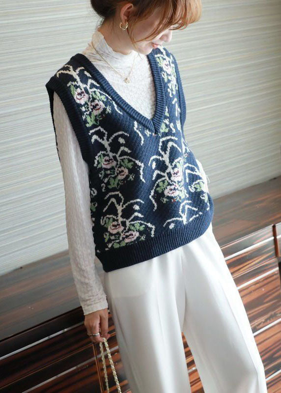 Blue Print Knit Vests V Neck Oversized Sleeveless LY1454