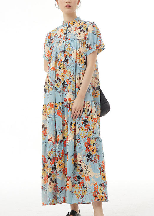 Blue Print Patchwork Chiffon Dress Stand Collar Wrinkled Summer LY1229