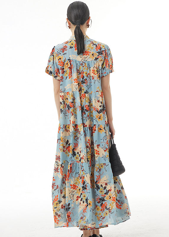 Blue Print Patchwork Chiffon Dress Stand Collar Wrinkled Summer LY1229