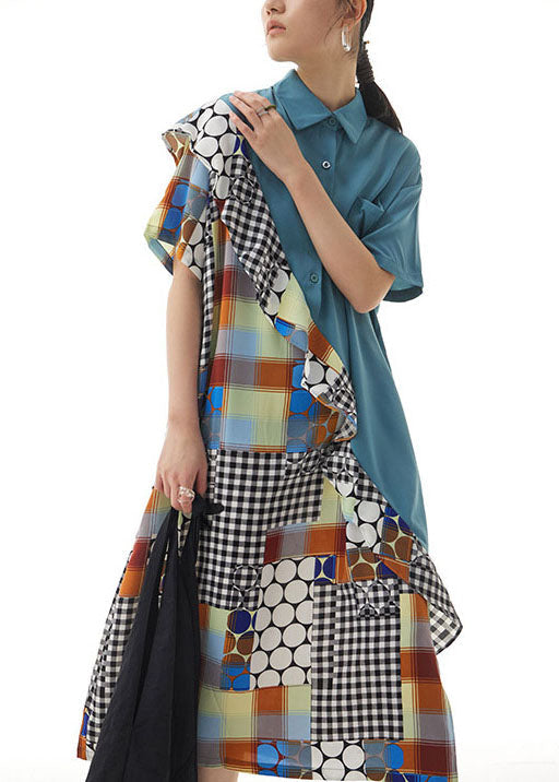 Blue Print Patchwork Chiffon Shirts Dress Ruffled Summer LY1142