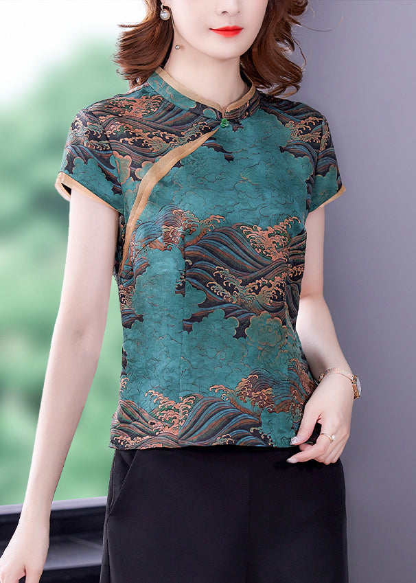 Blue Print Silk Blouse Top Mandarin Collar Slim Fit Summer LY0450