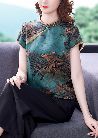 Blue Print Silk Blouse Top Mandarin Collar Slim Fit Summer LY0450