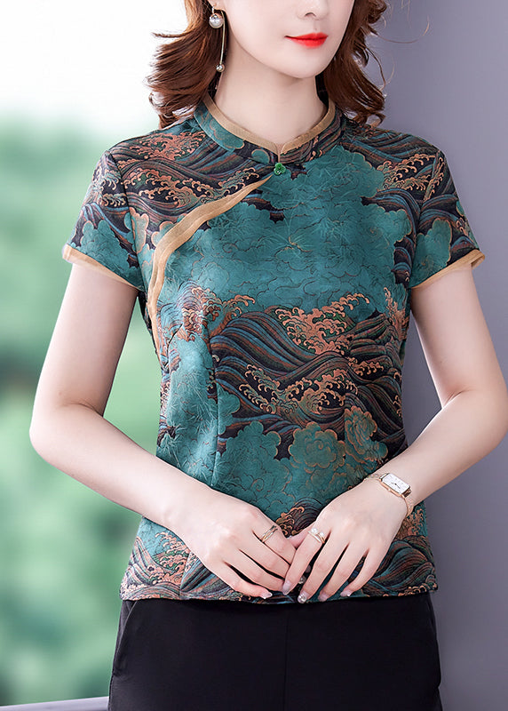 Blue Print Silk Blouse Top Mandarin Collar Slim Fit Summer LY0450