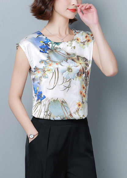 Blue Print Silk Blouse Top O-Neck Slim Fit Short Sleeve LY0413