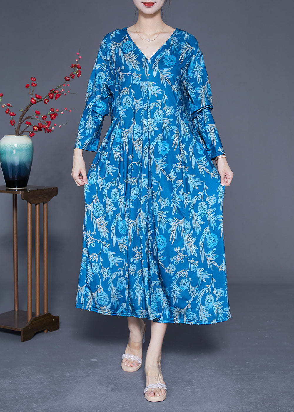 Blue Print Silk Holiday Dresses V Neck Oversized Spring LY1847