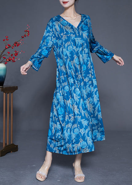 Blue Print Silk Holiday Dresses V Neck Oversized Spring LY1847