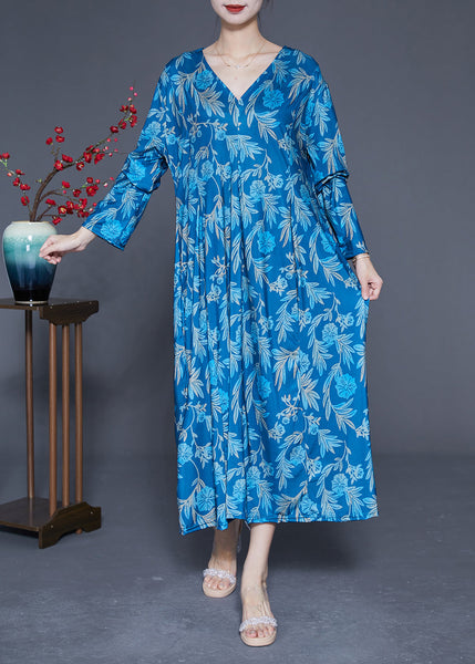 Blue Print Silk Holiday Dresses V Neck Oversized Spring LY1847