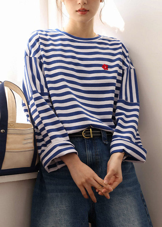 Blue White Striped Embroideried Loose Cotton Top Long Sleeve TI1004