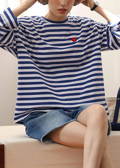 Blue White Striped Embroideried Loose Cotton Top Long Sleeve TI1004