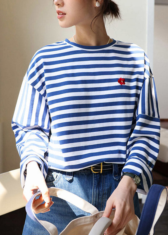 Blue White Striped Embroideried Loose Cotton Top Long Sleeve TI1004