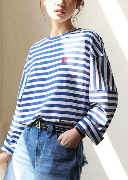 Blue White Striped Embroideried Loose Cotton Top Long Sleeve TI1004