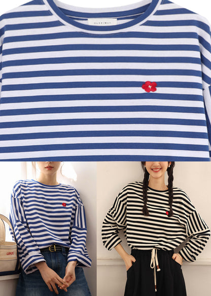 Blue White Striped Embroideried Loose Cotton Top Long Sleeve TI1004