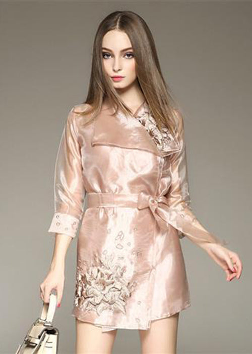 Bohemian Apricot Embroideried Organza Dress And Trench Two Piece Set Outfits AC3008