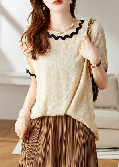 Bohemian Beige O-Neck Chiffon T Shirts Short Sleeve LY1525