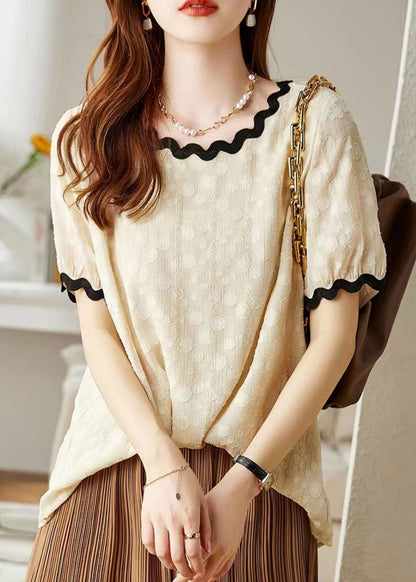 Bohemian Beige O-Neck Chiffon T Shirts Short Sleeve LY1525